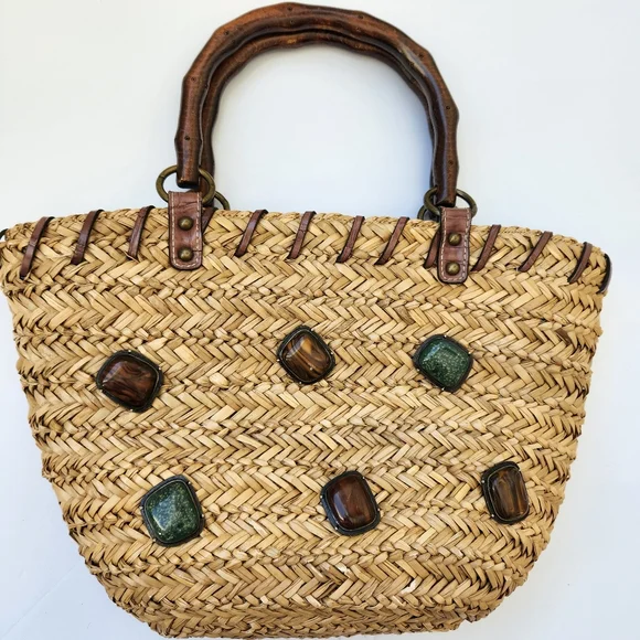 Boho Summer Woven Straw Bag Gem Stones Embellished Beach - Picture 1 of 17